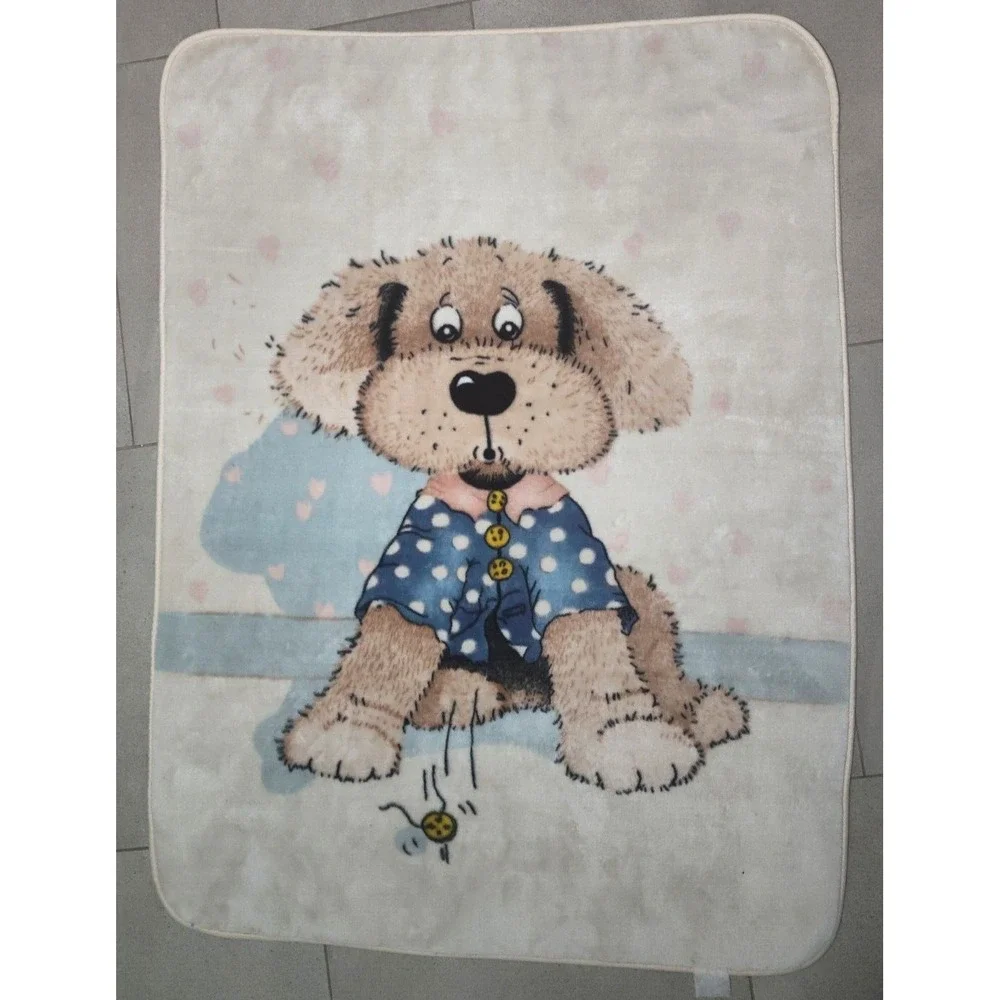 Vtg‎ Puppy Dog Missing Button Blanket Plush Thick Beige Hearts 40x60